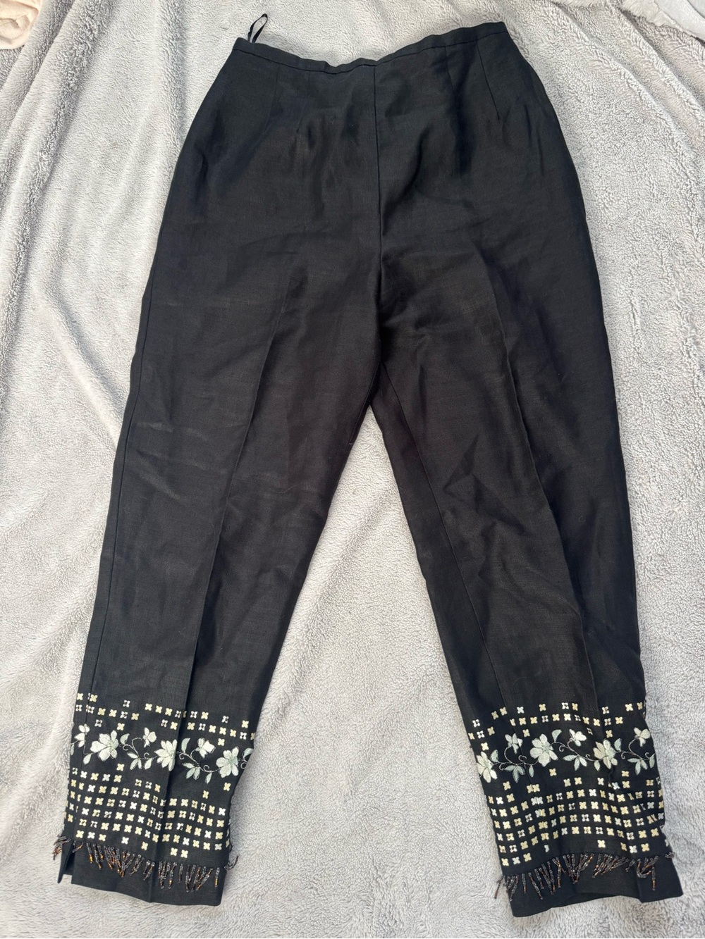 Vintage‎ Kay Unger New York Black Embroidered Beaded Fringe Crop Pants Size 8